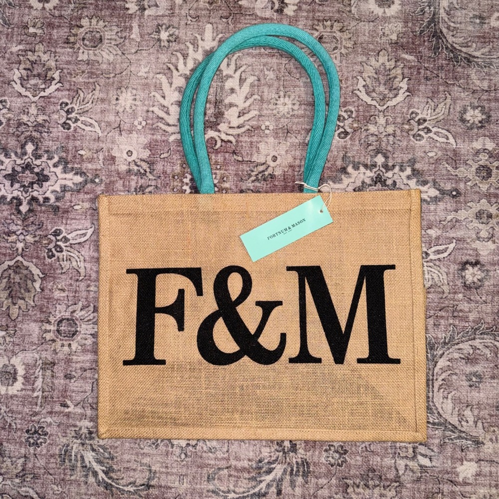 Fortnum & Mason F&M Jute Bag For Life Turquoise Handle Tote Shopping NEW
